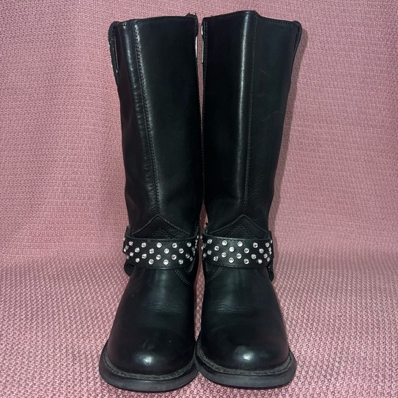 Harley Davidson Women’s Black Leather Rhinestone Studded Side Zip Heeled Boots - Picture 4 of 8